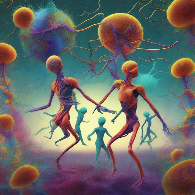 This is a detailed, surreal digital art piece, showing neuron-headed magnet dancers in the act of escaping