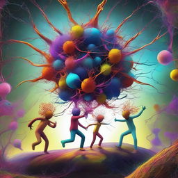 This is a detailed, surreal digital art piece, showing neuron-headed magnet dancers in the act of escaping