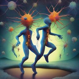 This is a detailed, surreal digital art piece, showing neuron-headed magnet dancers in the act of escaping