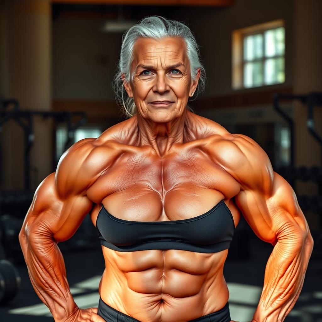 A tall, elderly woman with highly muscular build, showcasing prominent thick veins running throughout her body