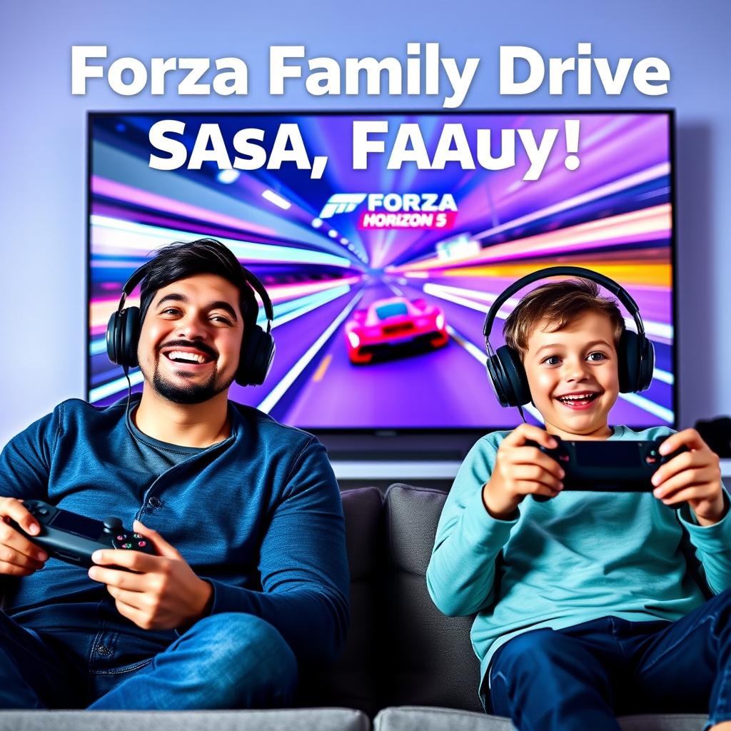 A cheerful father and son sitting side by side, both wearing gaming headsets and holding PlayStation controllers, with bright excited smiles directed at a large TV screen displaying a dynamic Forza Horizon 5 racing scene, featuring vibrant colors and fun lighting that enhances the family-gaming atmosphere