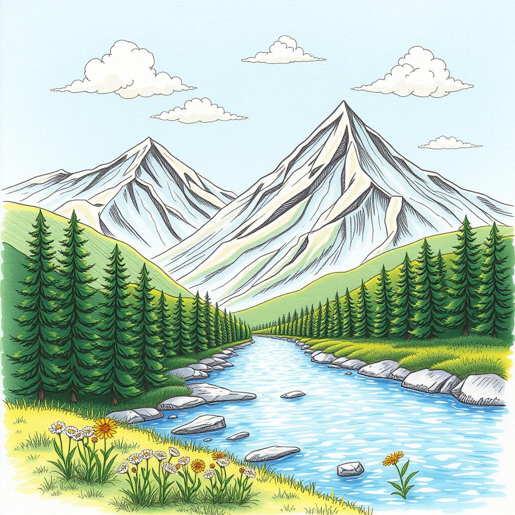 A beautifully detailed artwork featuring a serene mountain landscape with a flowing river and lush green trees, in a style that mimics a hand-drawn sketch on a piece of textured bond paper