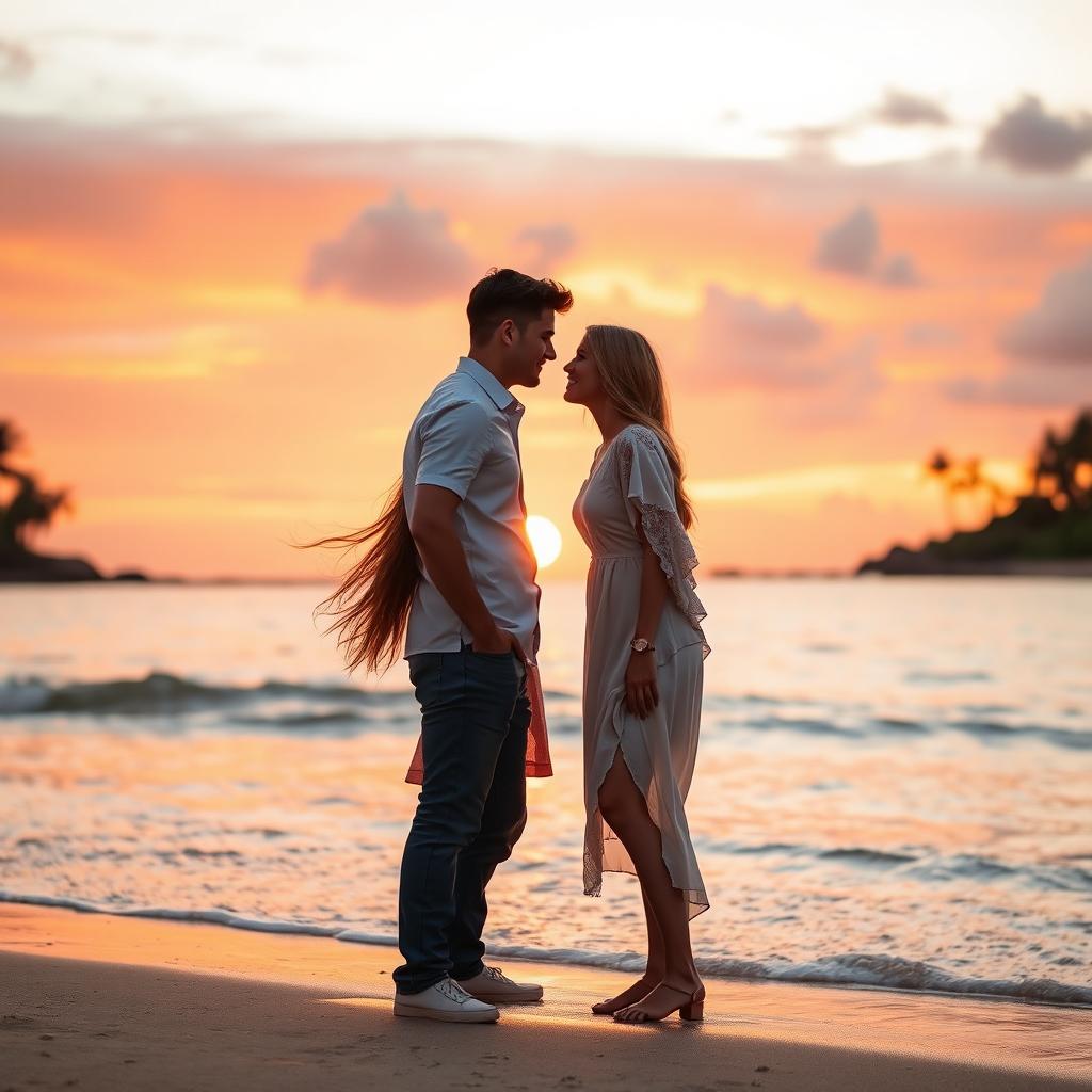 A romantic scene featuring a couple gazing into each other's eyes under a sunset sky, with vibrant hues of orange and pink melting into the horizon