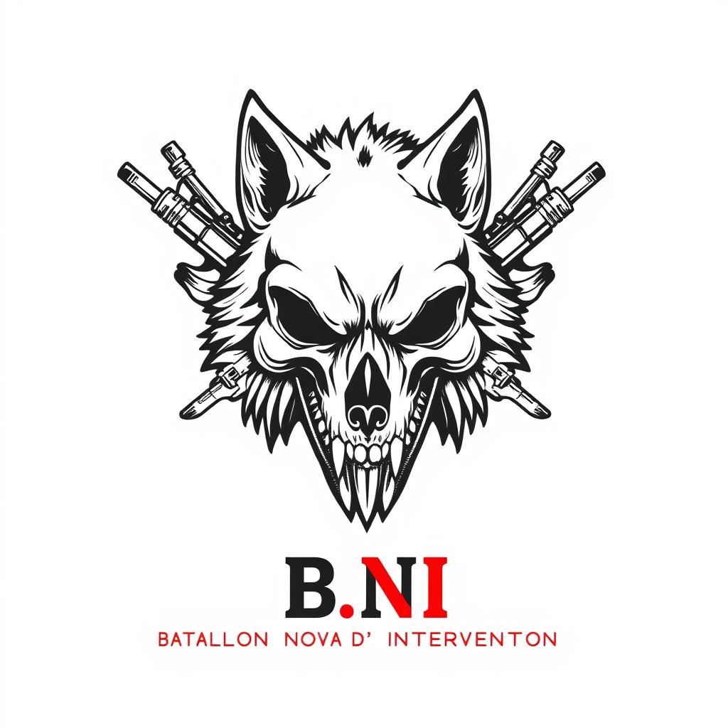 A striking black and white and red drawing of an army patch that creatively blends a human skull face with a wolf head