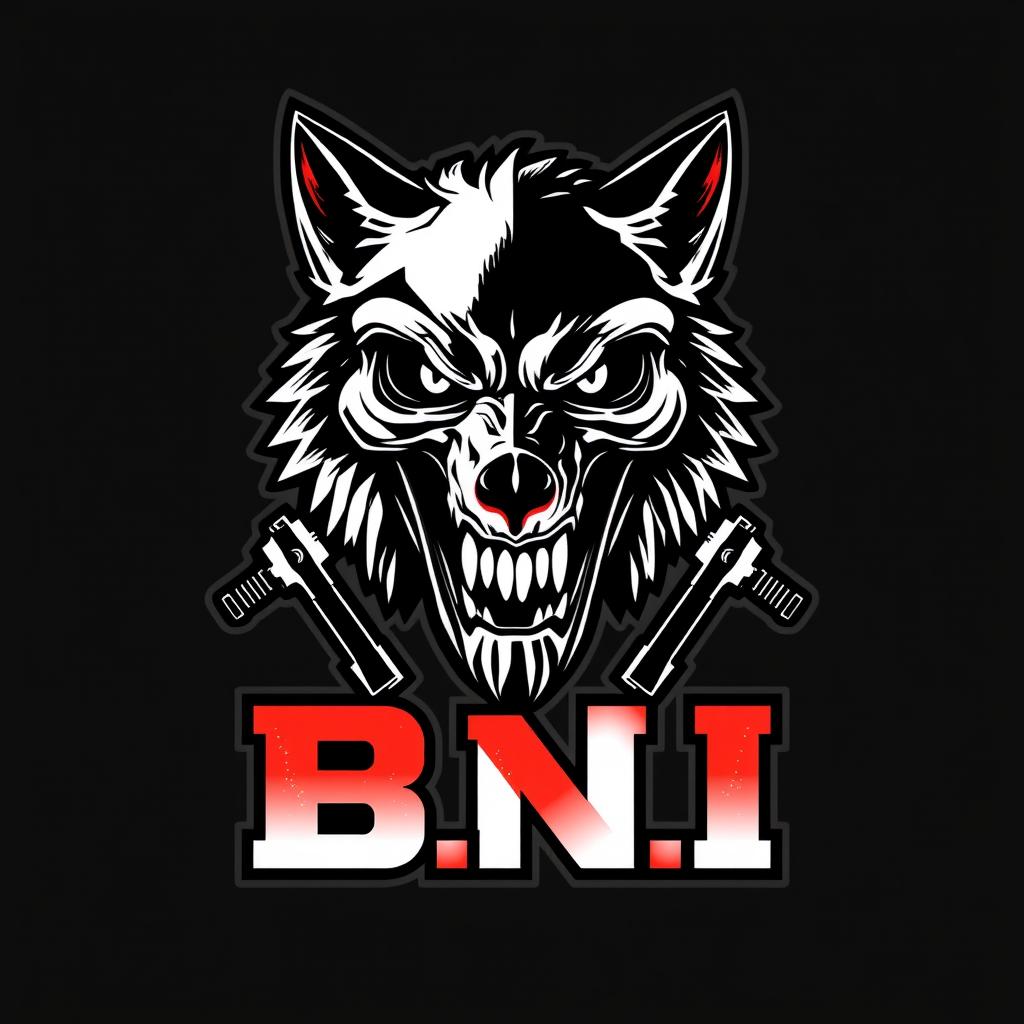 A bold black and white and red illustration of an army patch featuring a fierce human skull face seamlessly combined with a wolf head