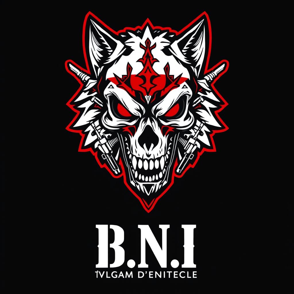 A dynamic black and white and red artwork depicting an army patch that features a fierce human skull face intricately blended with a wolf head