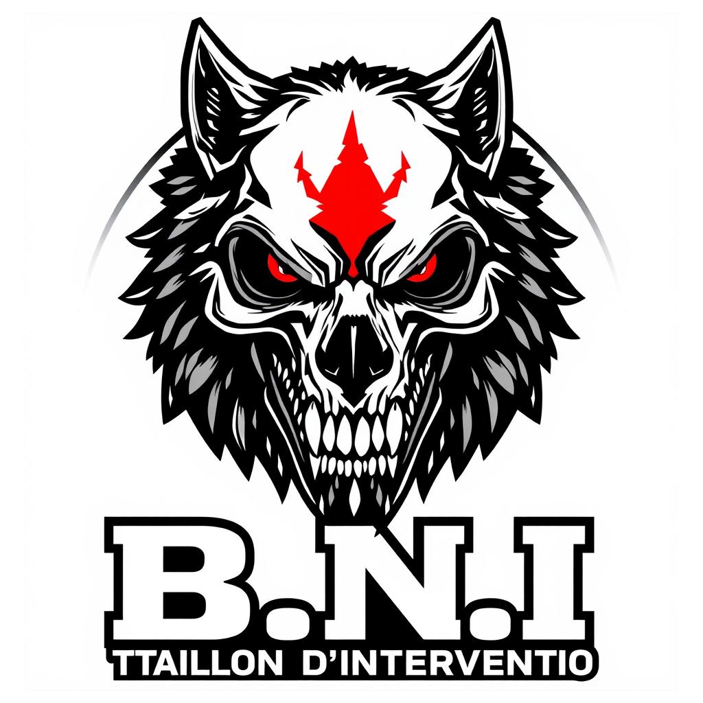 An impactful black and white and red illustration of an army patch showcasing a fierce human skull face that is artistically merged with a wolf head