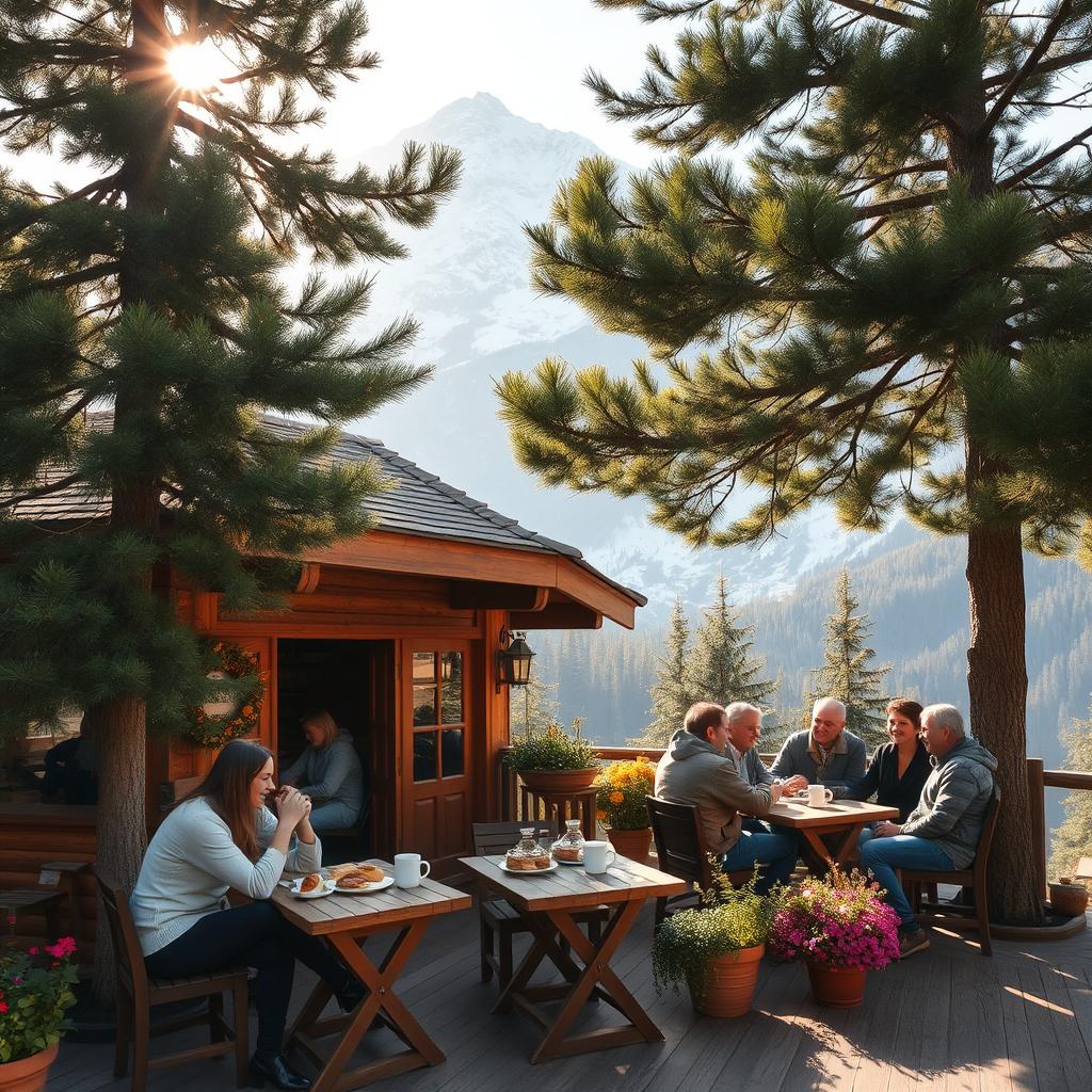 A cozy mountain cafe nestled in a scenic landscape, surrounded by towering pine trees and majestic snowy peaks