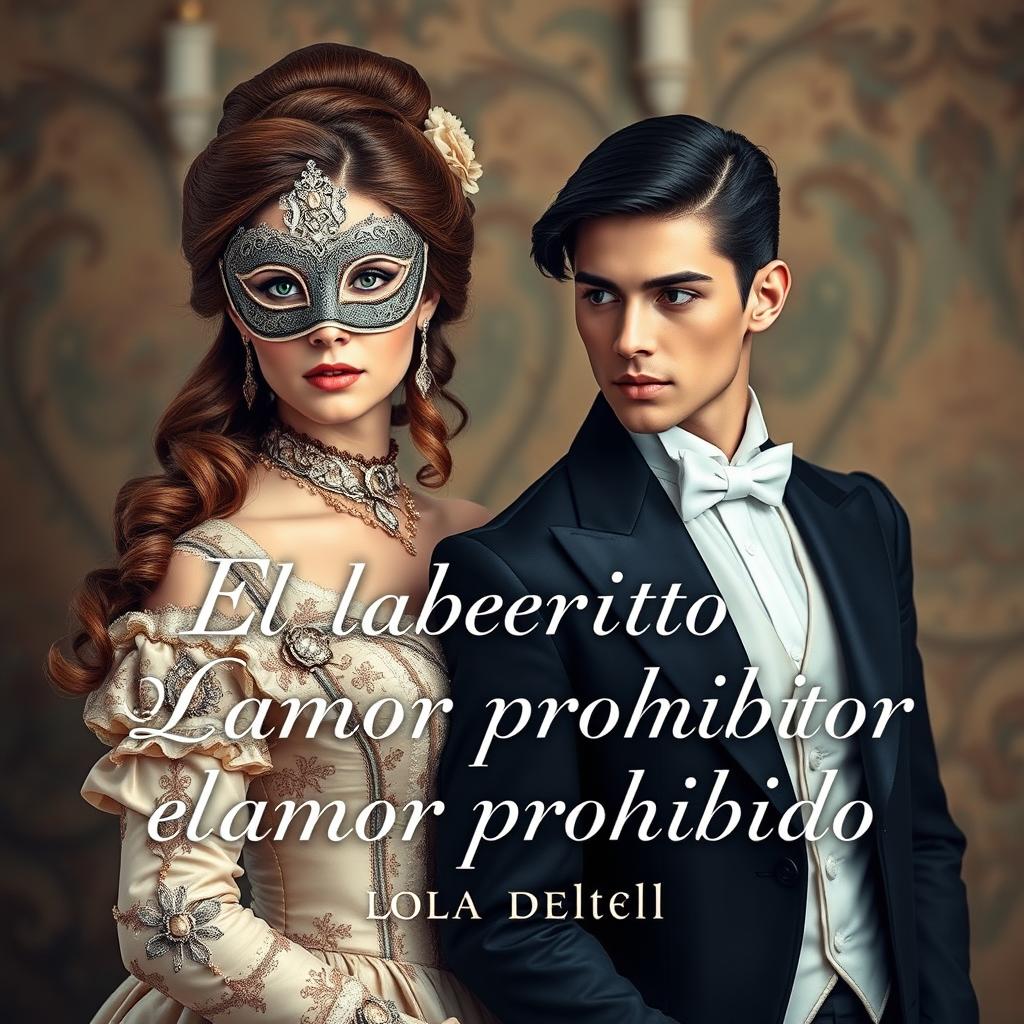 A captivating Victorian book cover for 'El laberinto del amor prohibido', featuring a beautiful noblewoman with stunning brown hair and hazel eyes, dressed in an exquisite Victorian gown adorned with intricate details and an elegant masquerade mask