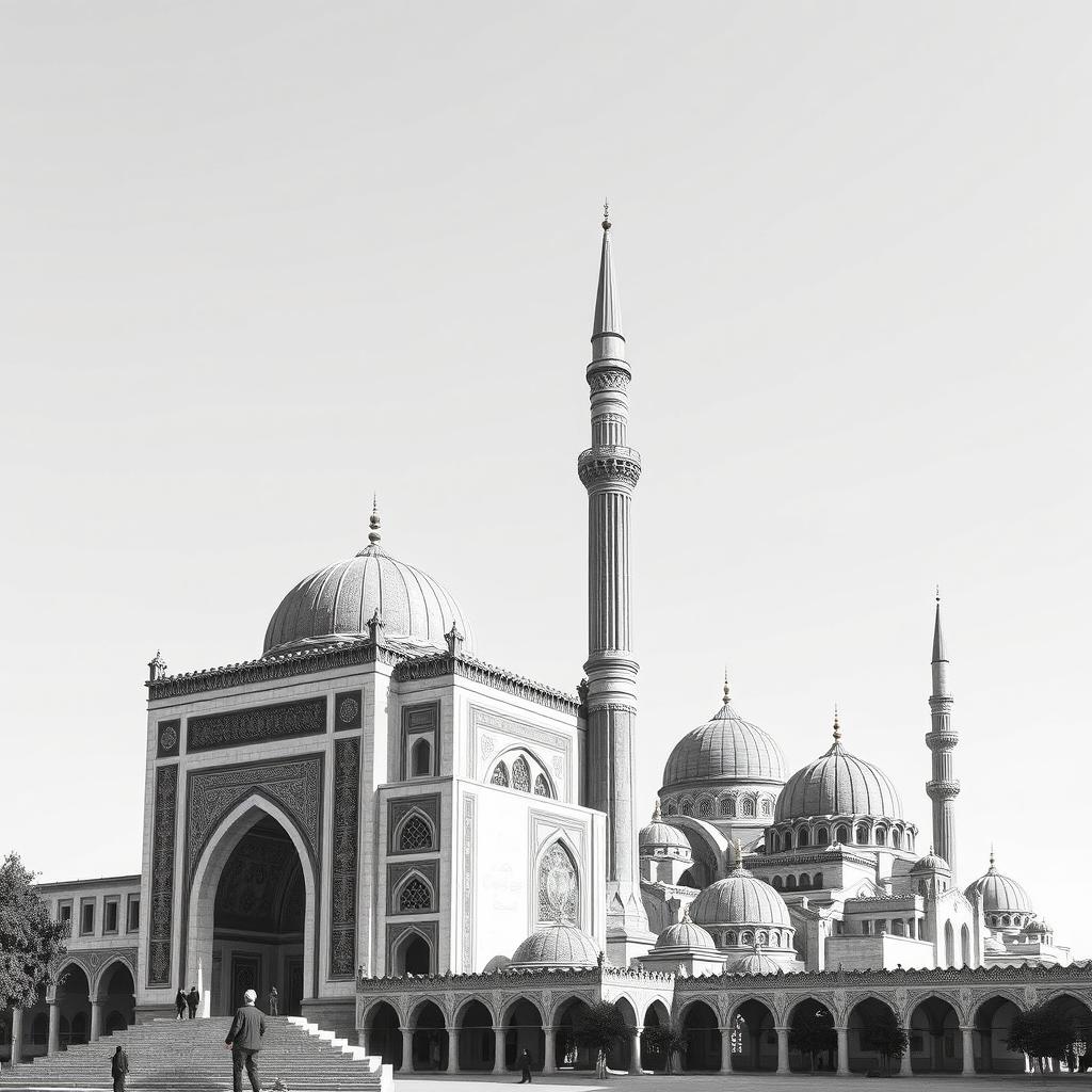 A striking black and white poster featuring iconic Iranian buildings, including intricate Persian archways, grand minarets, and traditional domes