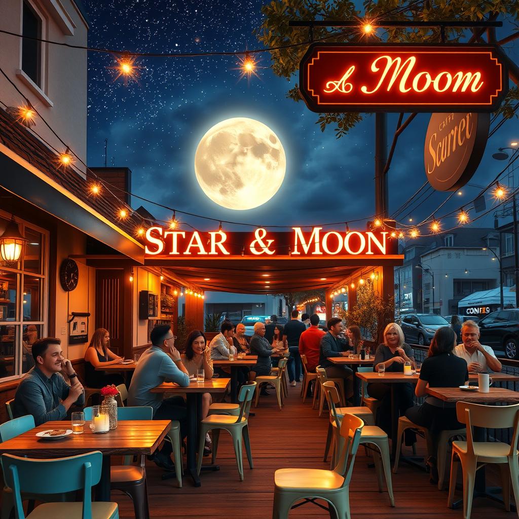 A charming café named 'Star and Moon', featuring a cozy outdoor terrace adorned with twinkling string lights, rustic wooden tables, and colorful chairs