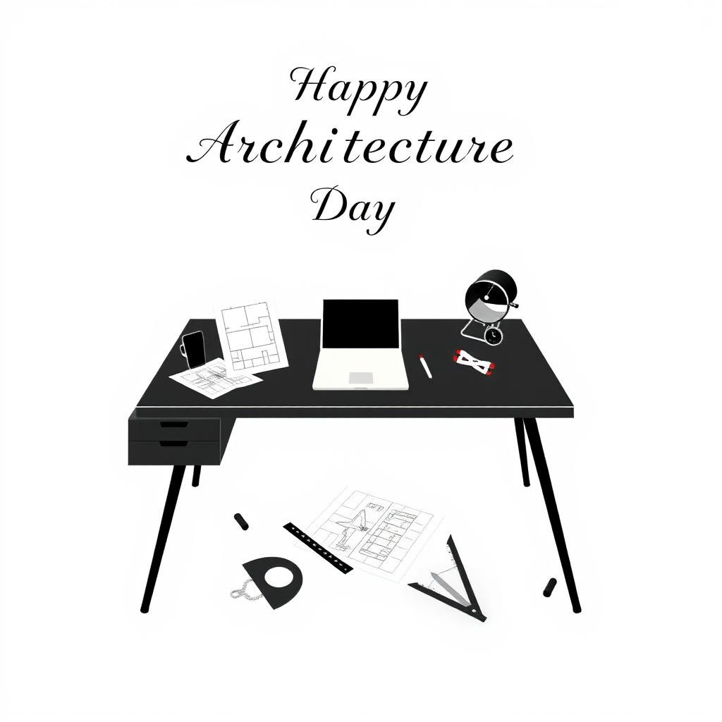 A minimalist poster design featuring a black and white color scheme, showcasing an sleek architecture desk with architectural tools like a ruler, compass, and sketches scattered around