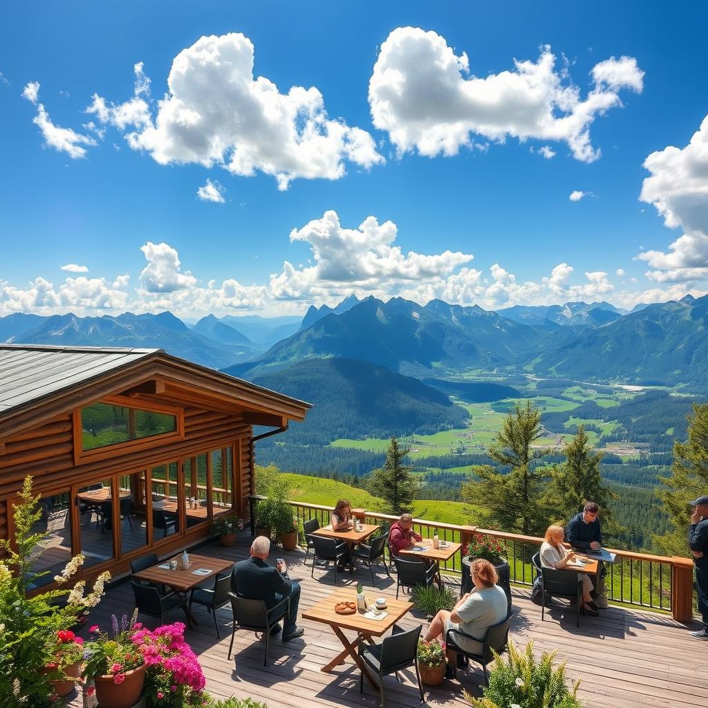 A picturesque mountain café nestled atop a hill, offering breathtaking panoramic views of majestic mountains and lush green valleys