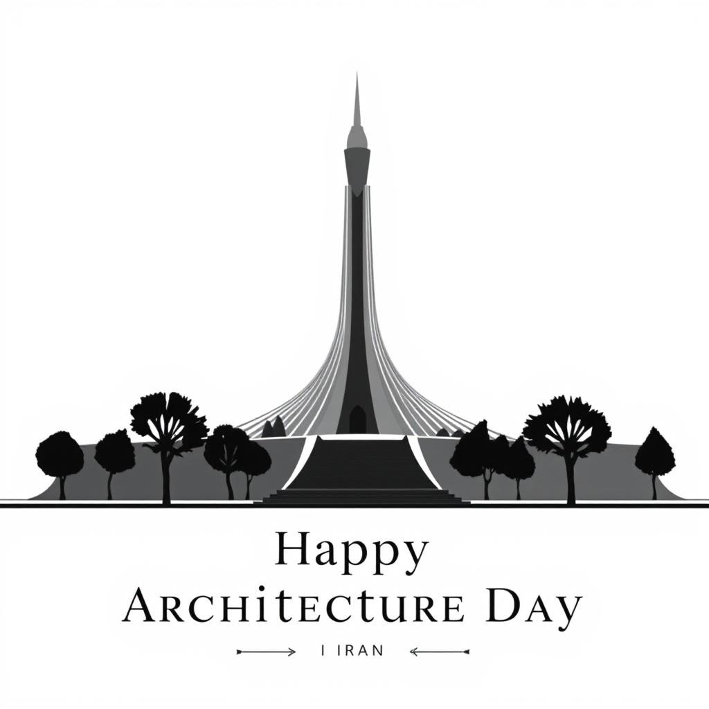 A minimalistic poster design featuring the famous Azadi Tower in Iran, illustrated in a striking black and white color palette