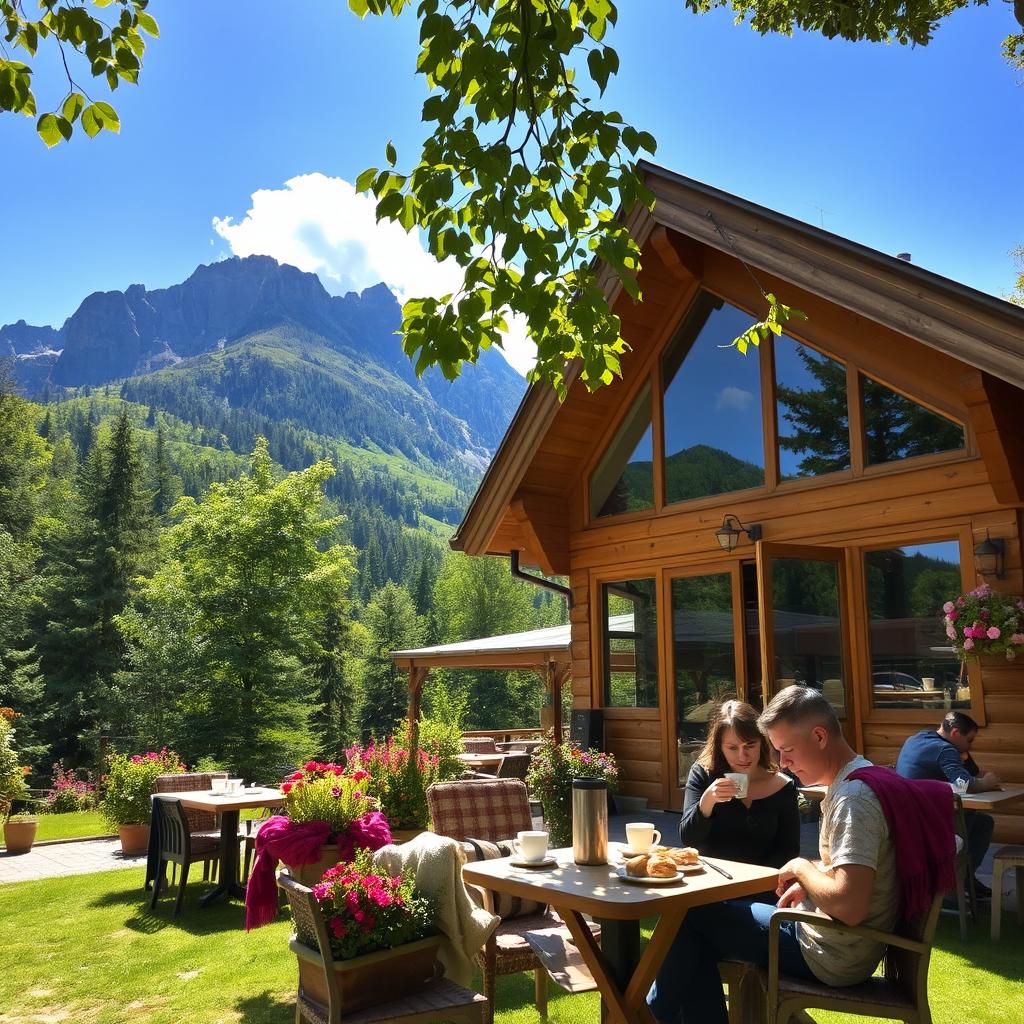 A picturesque mountain café nestled in a lush, green landscape, surrounded by towering mountains and trees