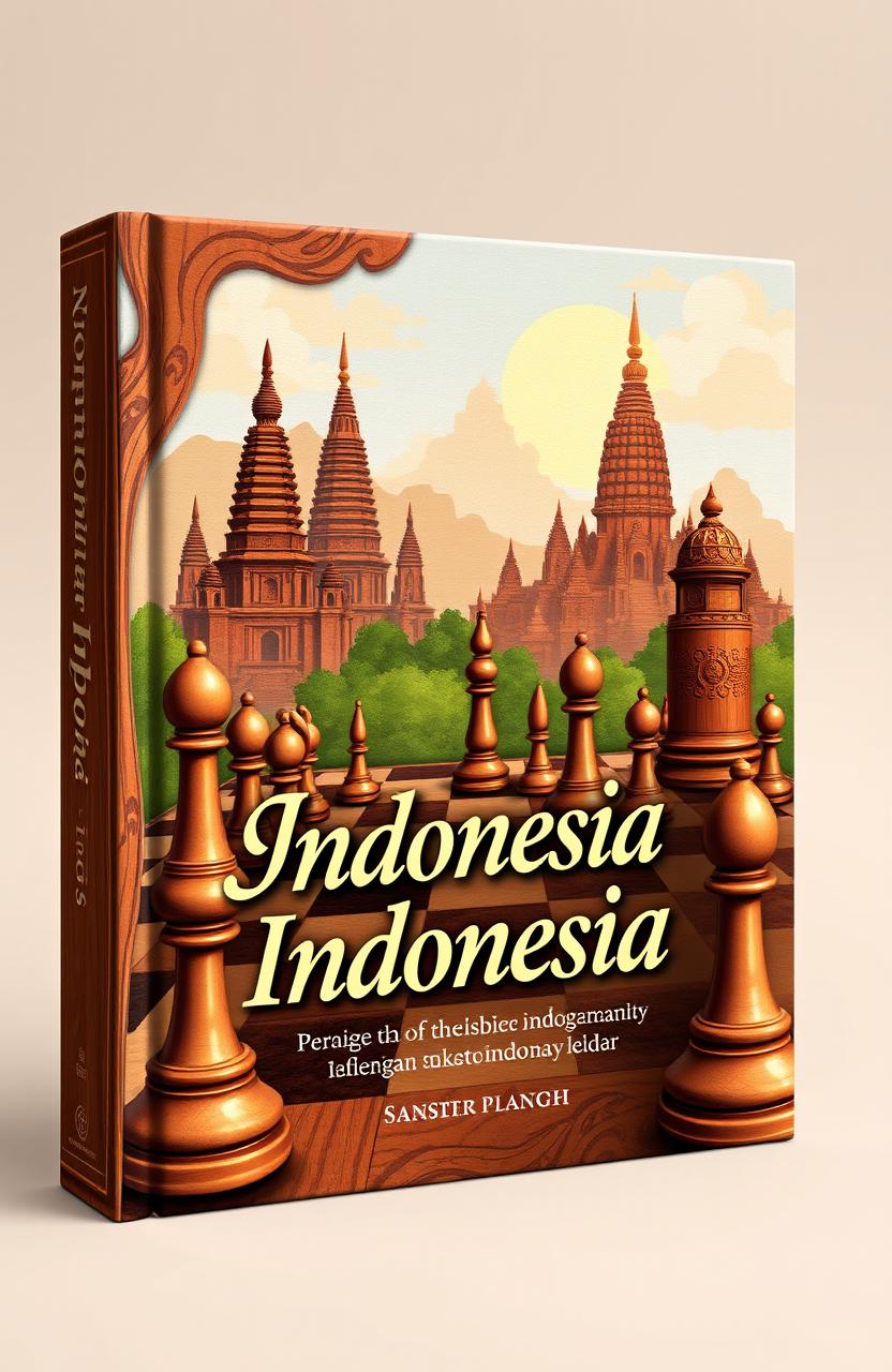 A beautifully illustrated book cover showcasing the history of Indonesia, with elements of traditional chess made from teak wood integrated into the design