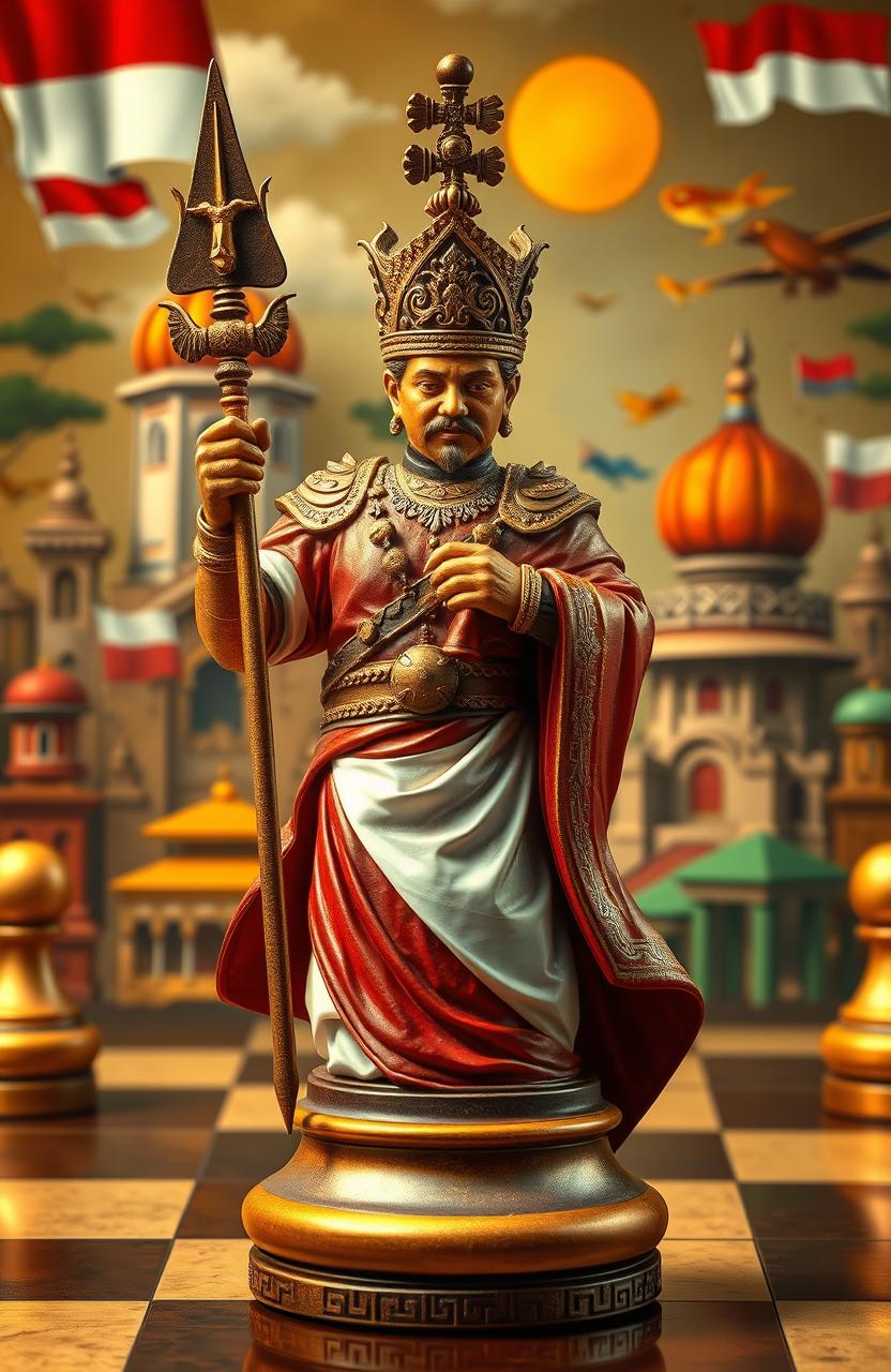 A heroic chess character inspired by Indonesian culture, depicting a national hero from Indonesia's history