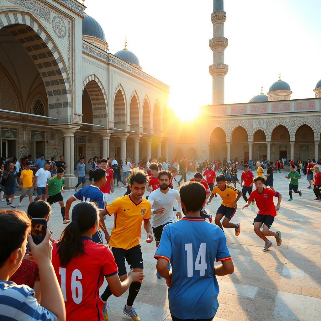 An exciting scene of a football league taking place in a vibrant mosque courtyard, surrounded by beautiful Islamic architecture with intricate tile work