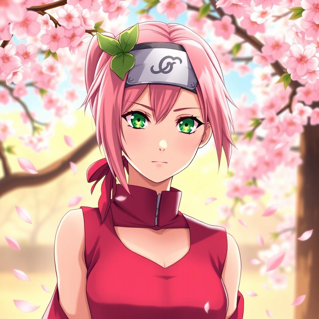 A beautiful portrait of Sakura Haruno from the anime Naruto, showcasing her vibrant pink hair and bright green eyes