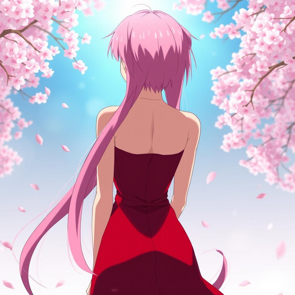 A stunning view of Sakura Haruno from the anime Naruto, showcasing her back as she stands gracefully in a tranquil scene