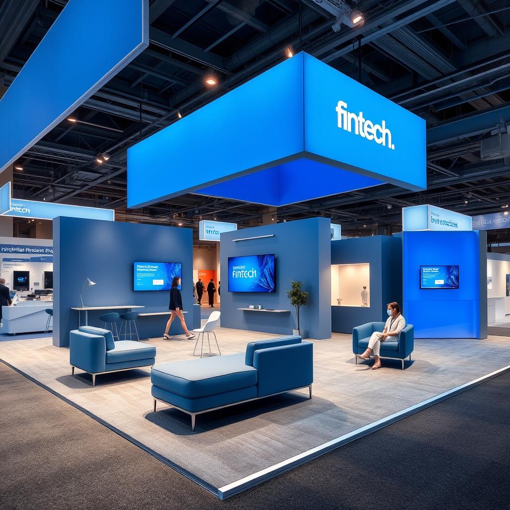 A modern exhibition booth designed for a fintech company, featuring a sleek blue and gray color scheme