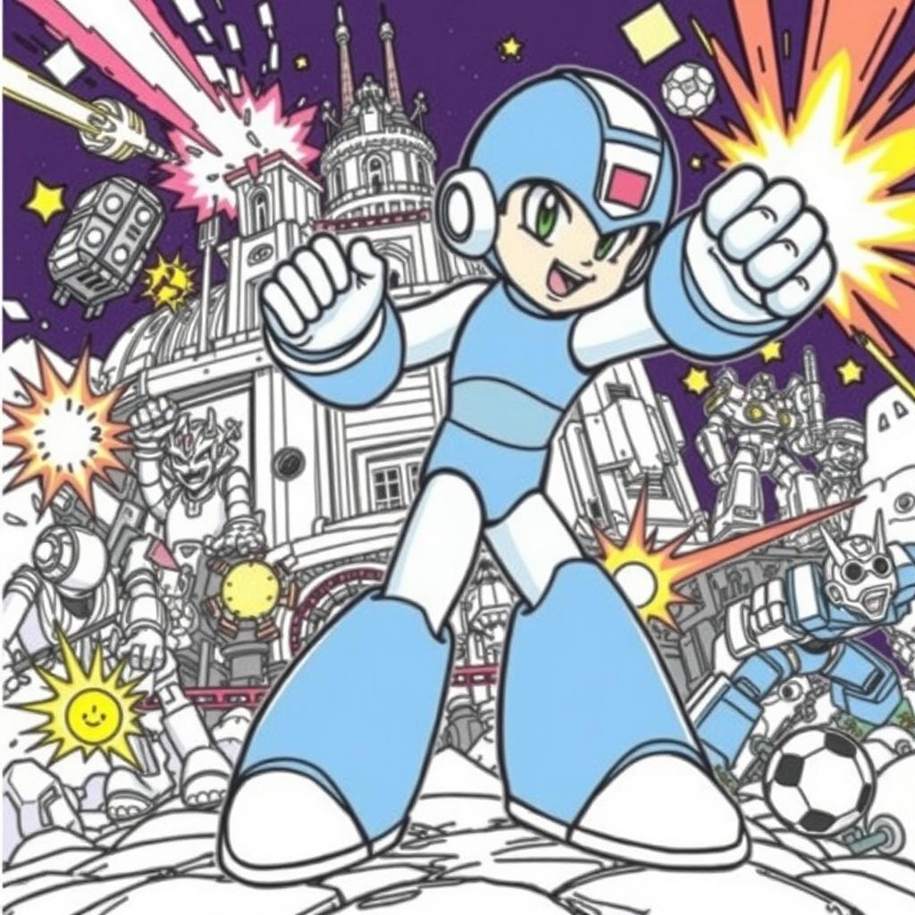 An intricate and detailed Mega Man coloring book page featuring Mega Man in a dynamic pose, surrounded by iconic imagery from the game such as the Dr