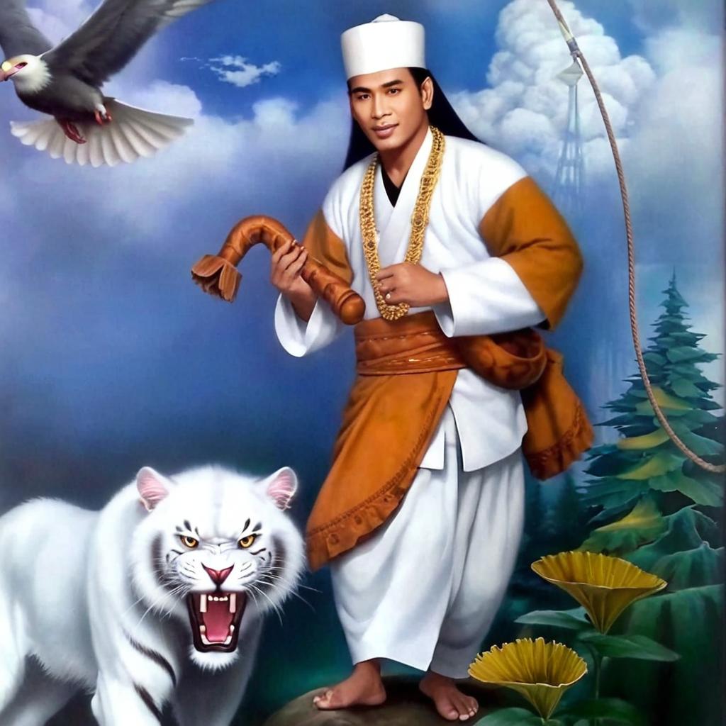 Tolong jadikan lukisan raden kian santang ini menjadi realistis, warna pakaian jangan di rubah, tangan kanan memegang pecut, tangan kiri memegang kujang, di sebelah kanan depan ada harimau putih, di belakang samping kanan ada burung elang lagi terbang