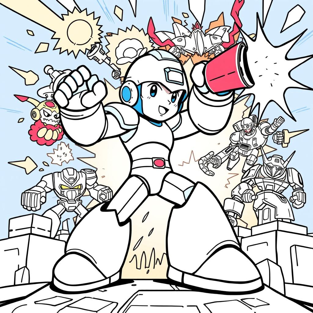 A vibrant and engaging Mega Man coloring page featuring Mega Man in an action pose, ready to battle against classic enemies
