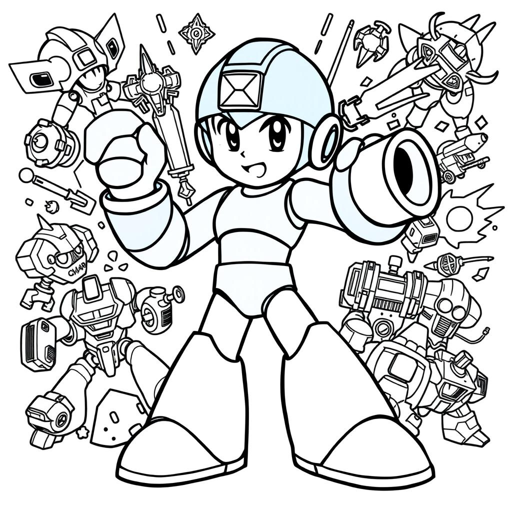 A Mega Man coloring page featuring Mega Man in an action-ready stance, showcasing his iconic blue armor and arm cannon