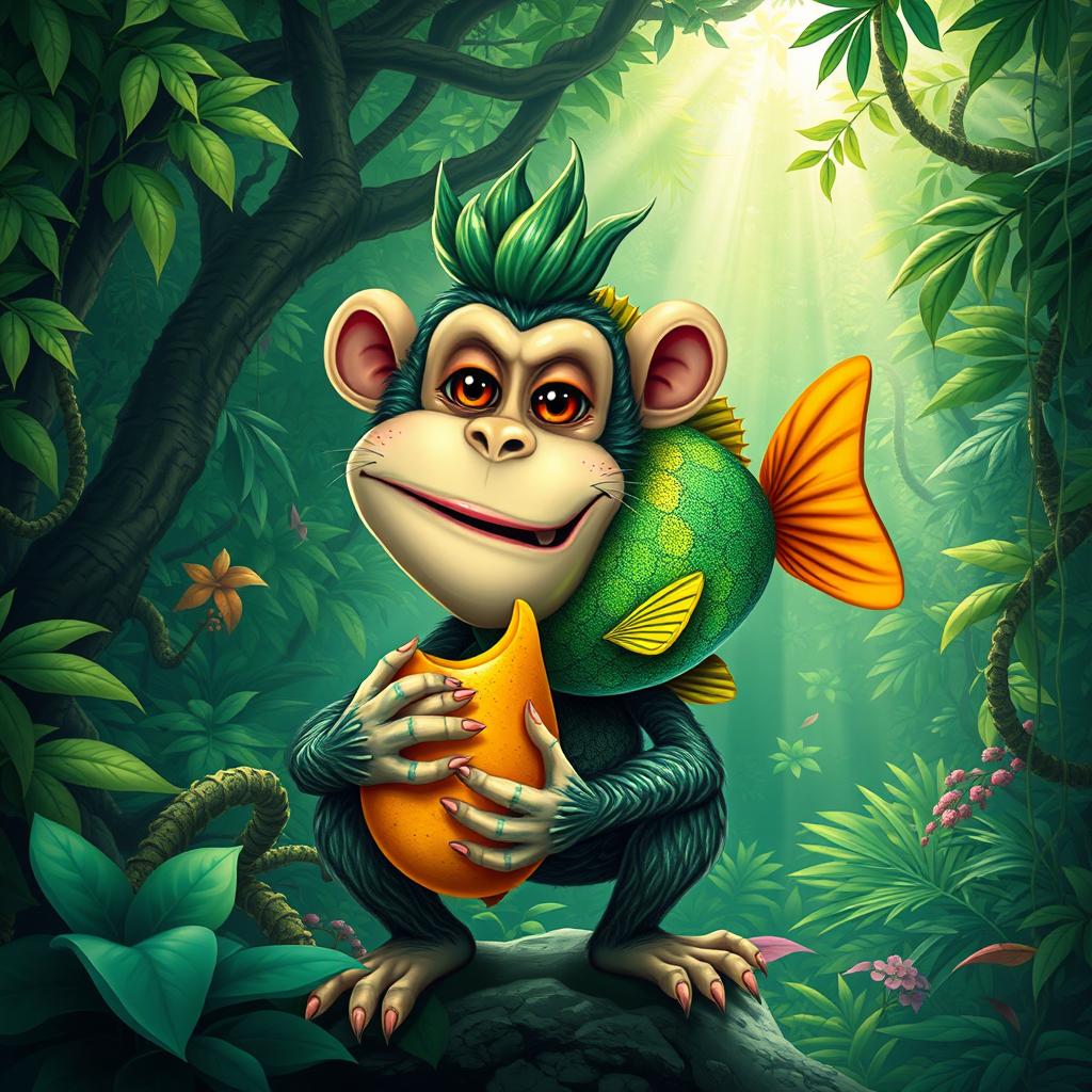 A whimsical creature that is a fusion of a monkey and a fish, featuring vibrant colors inspired by tropical themes