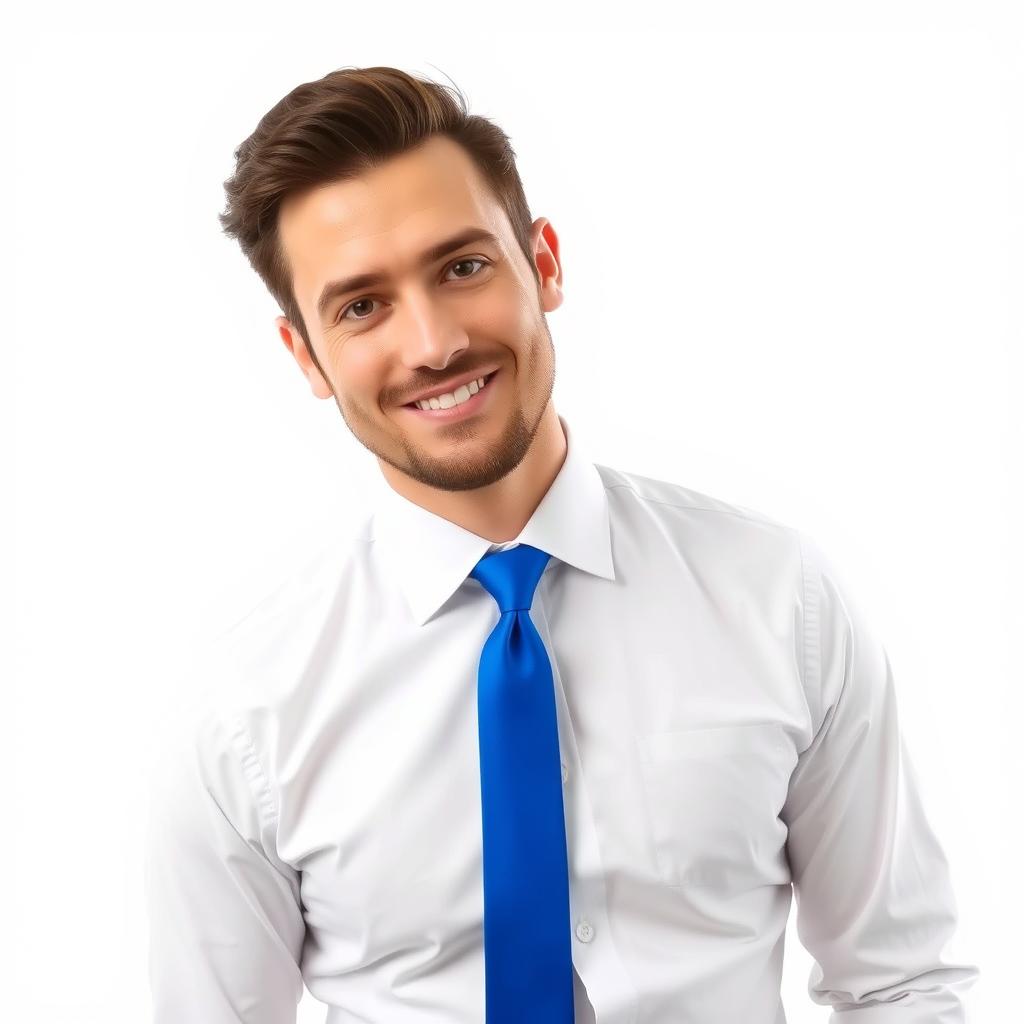 A stylish businessperson wearing a crisp white dress shirt with a vibrant royal blue necktie