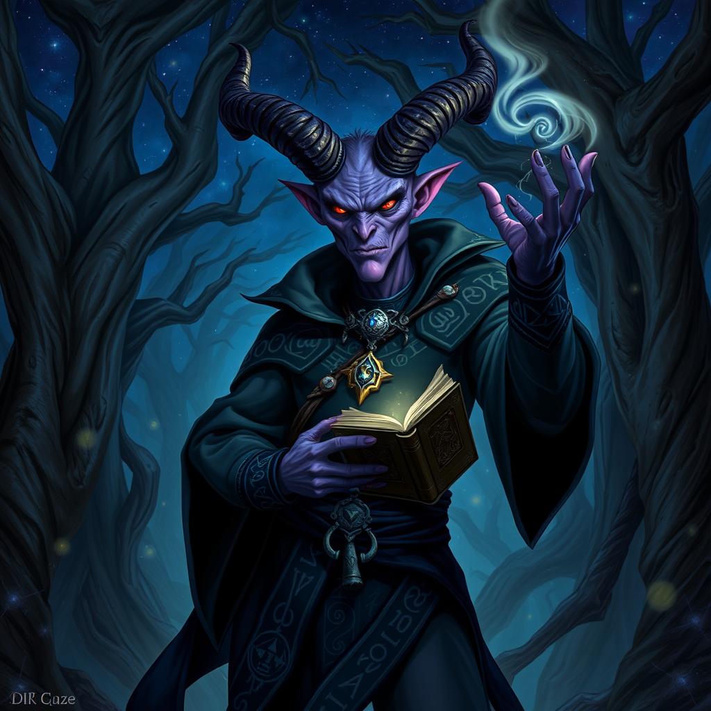 A tiefling warlock standing confidently in a mystical forest, surrounded by glowing runes and ethereal wisps of magic
