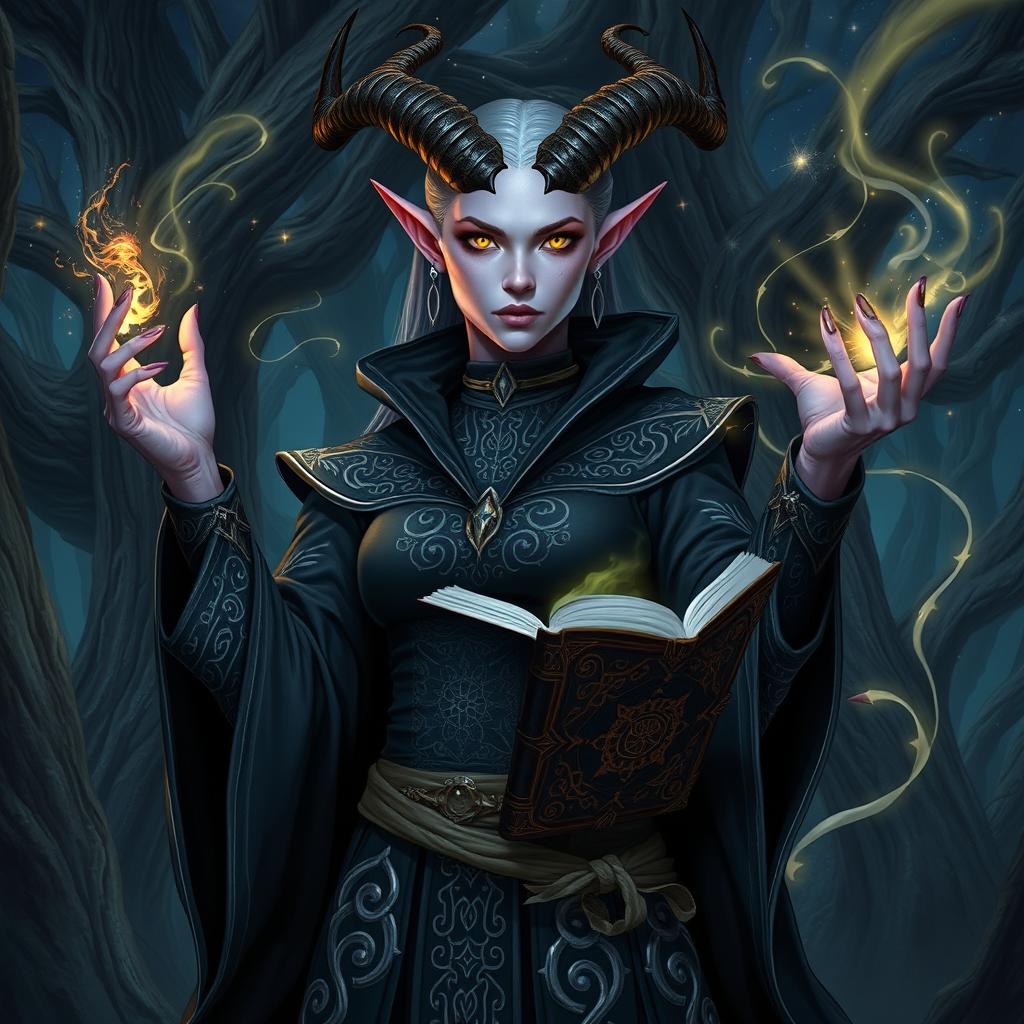 A female tiefling warlock standing gracefully in a mystical forest, surrounded by glowing runes and shimmering wisps of magic