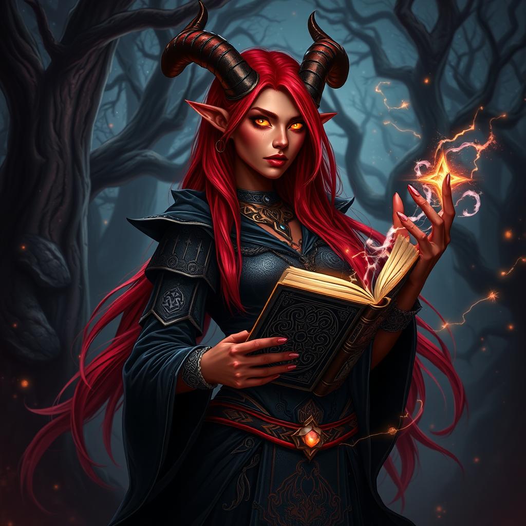 A female tiefling warlock with striking red hair flowing down her back, standing in a mystical forest illuminated by radiant sparks of arcane energy