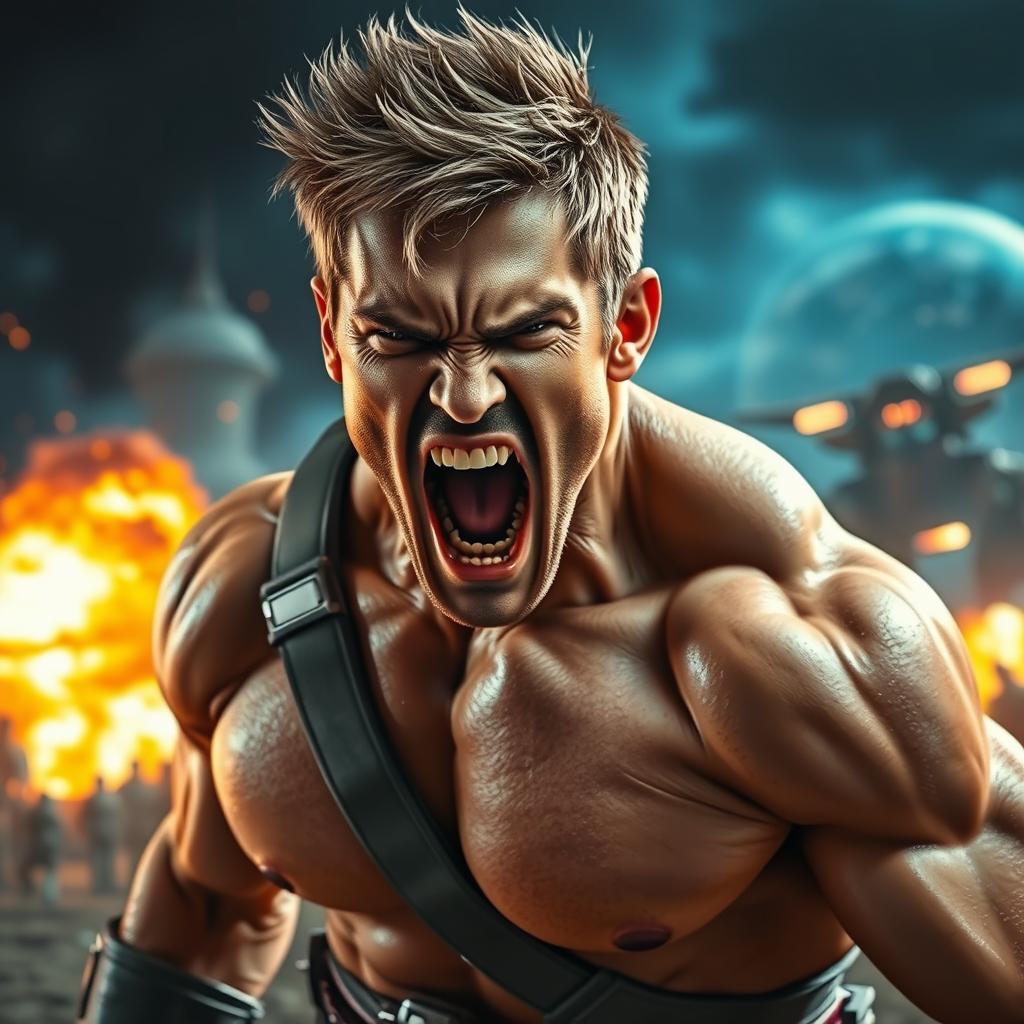 A dynamic and intense scene of a muscular man with short hair (resembling a classic action hero), dressed in a futuristic warrior outfit, mid-scream with his mouth wide open, shouting "Hooon"
