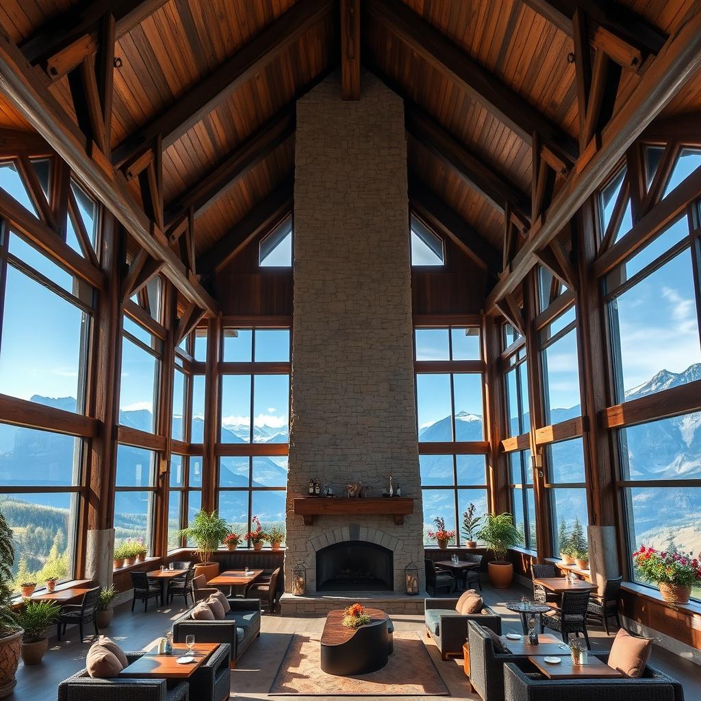 A large, expansive mountain café featuring a grand rustic architecture, made of dark wood and stone, designed to accommodate many guests