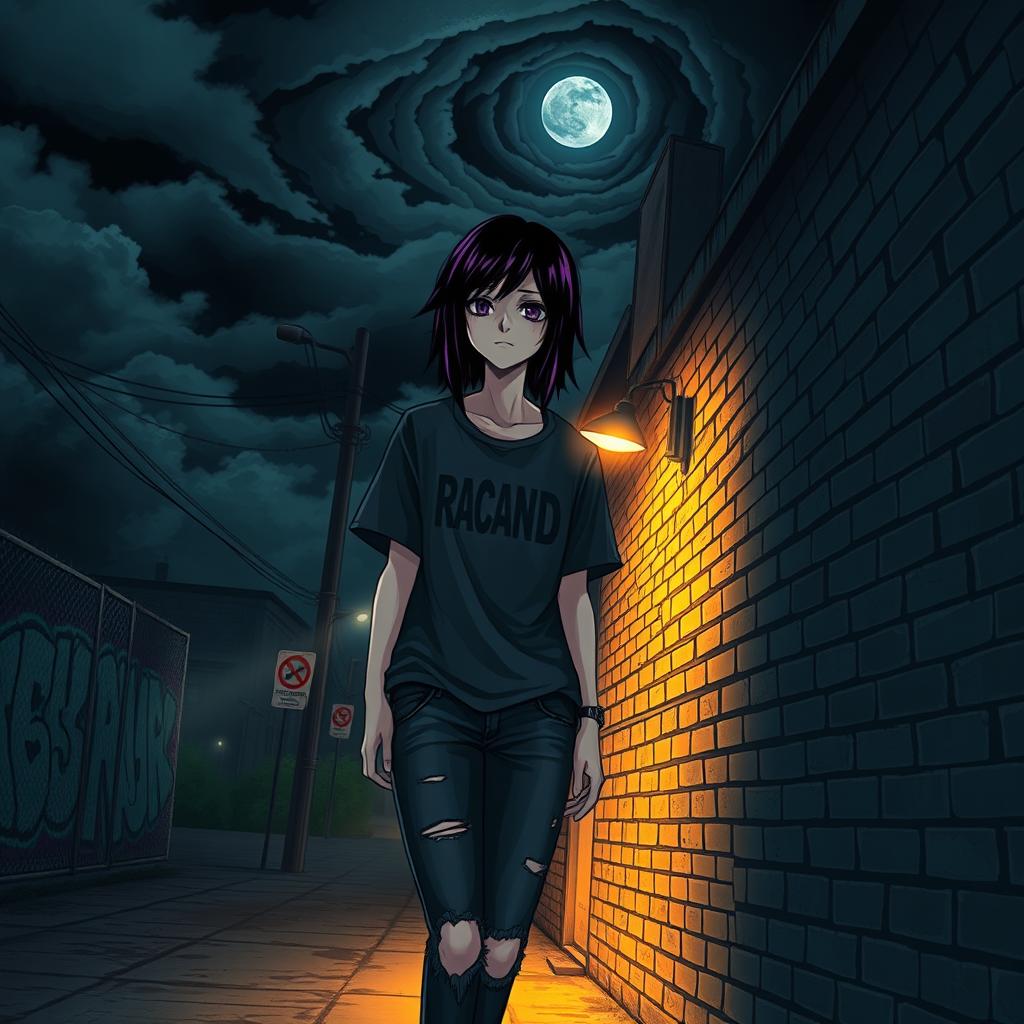 A dark emo aesthetic featuring a solitary figure in a moody urban environment at night