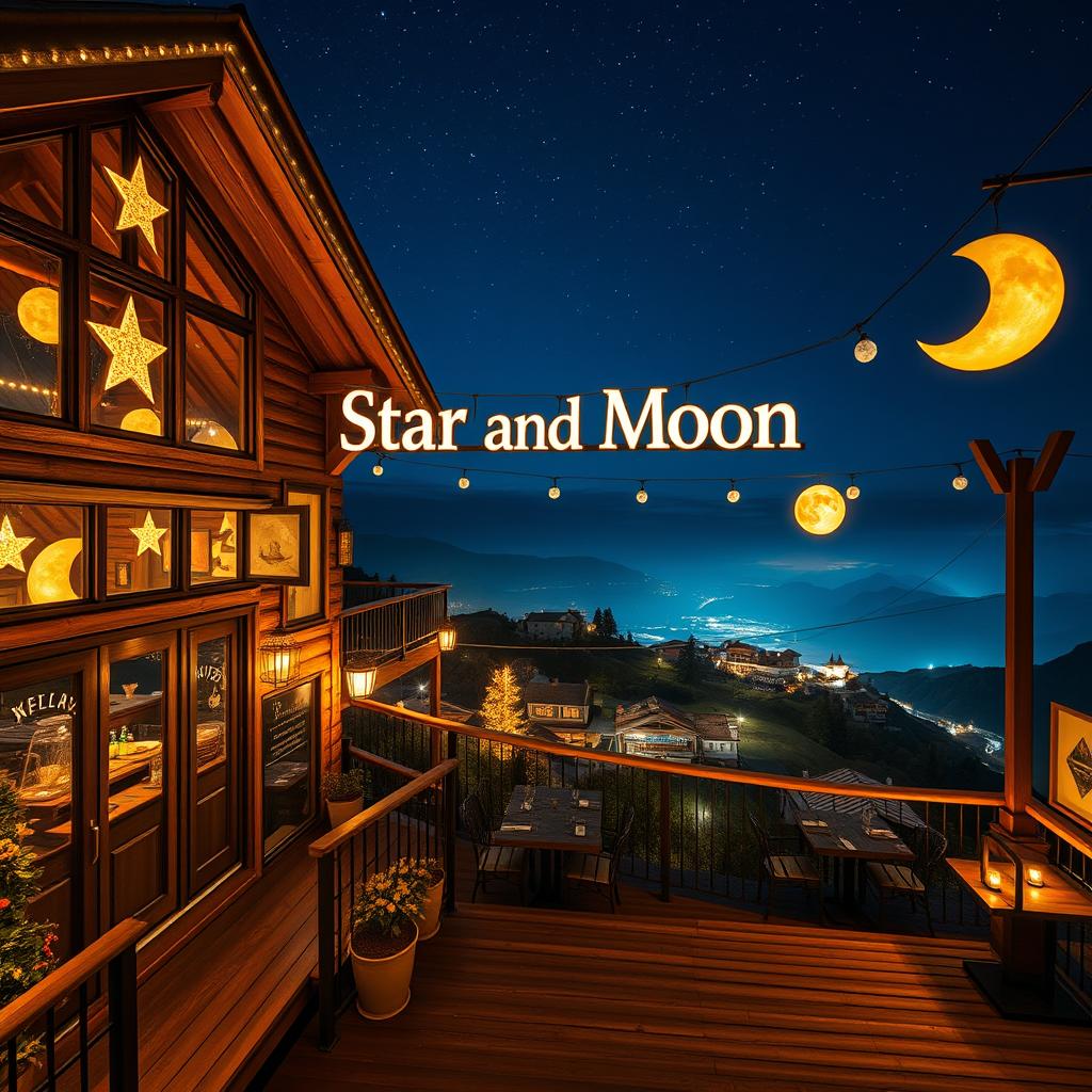 A magnificent mountain café named 'Star and Moon', perched on a hill overlooking a charming village below