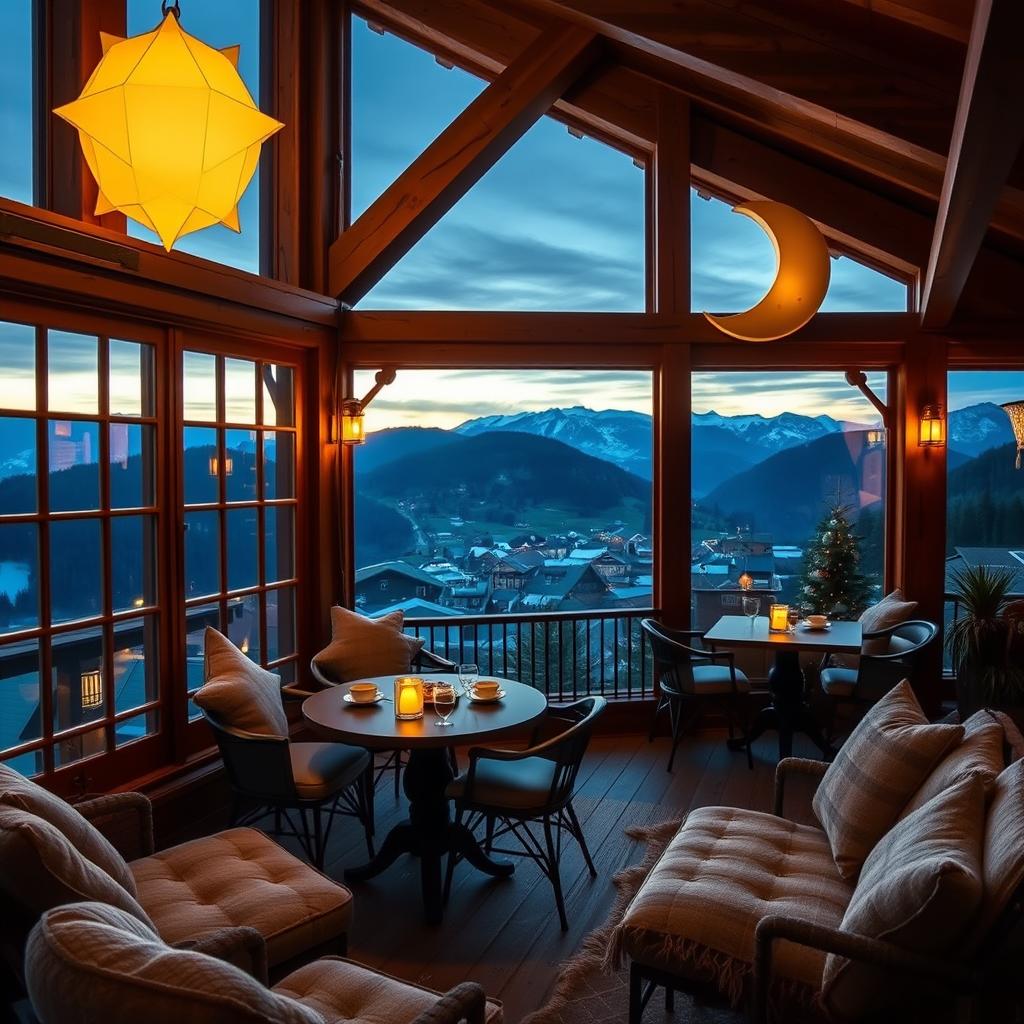 A large mountain café named 'Star and Moon', beautifully situated overlooking a charming village below