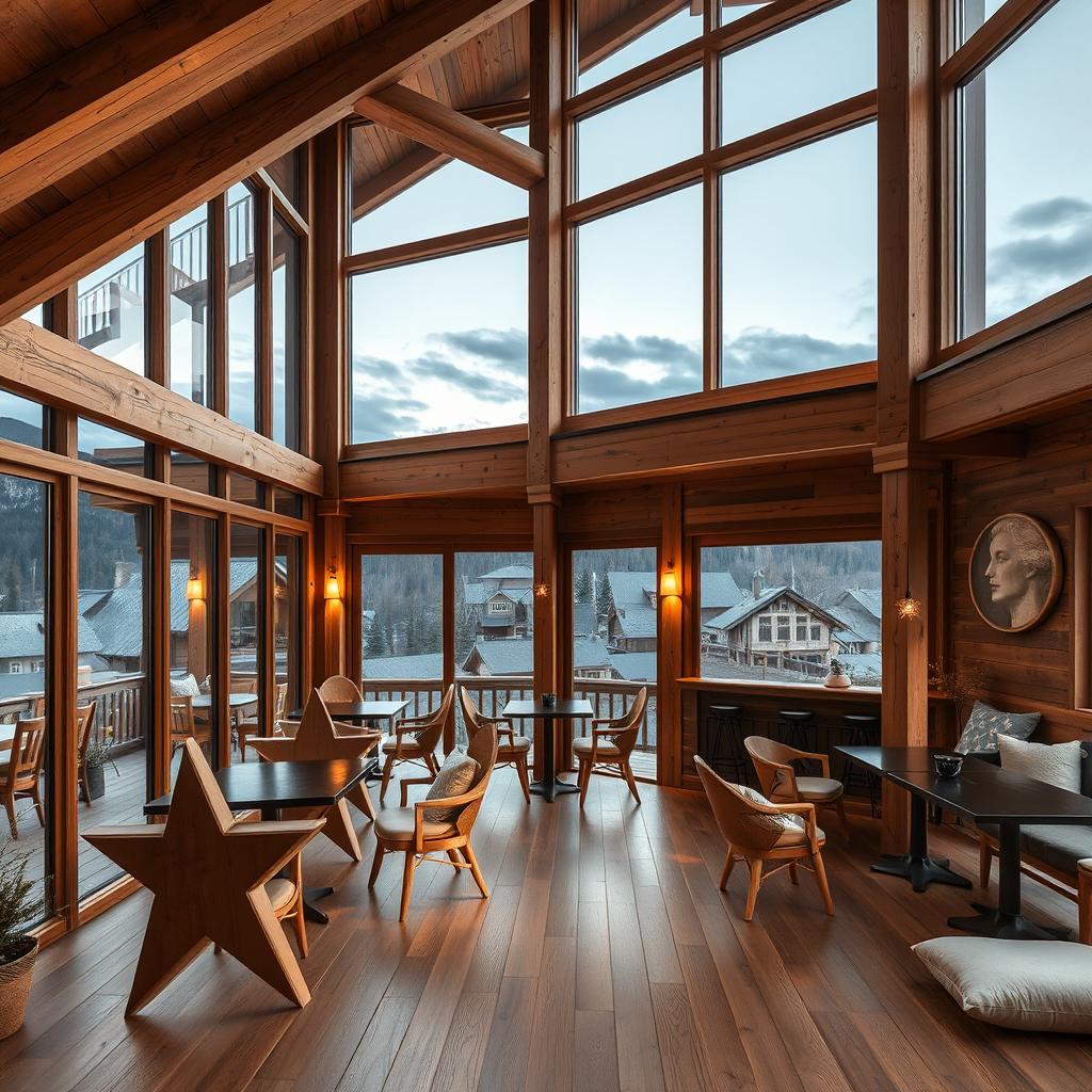 A spacious mountain café named 'Star and Moon', perfectly positioned with stunning views overlooking a quaint village