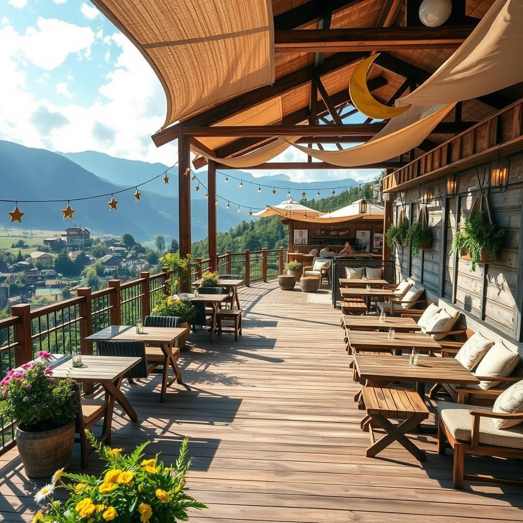 A magnificent summer mountain café named 'Star and Moon', beautifully situated on a hill overlooking a charming village below