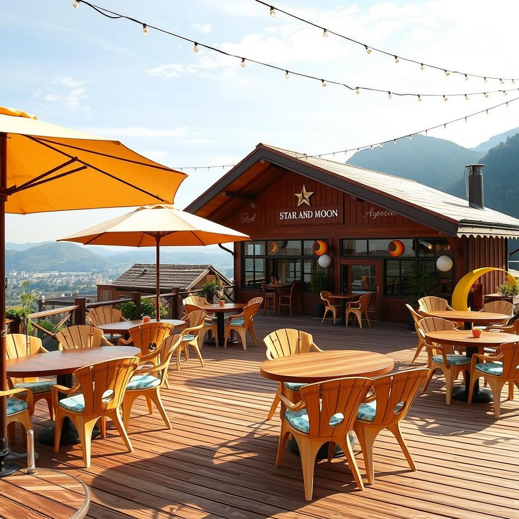 A large summer mountain café named 'Star and Moon', elegantly perched above a picturesque village, designed for warm days
