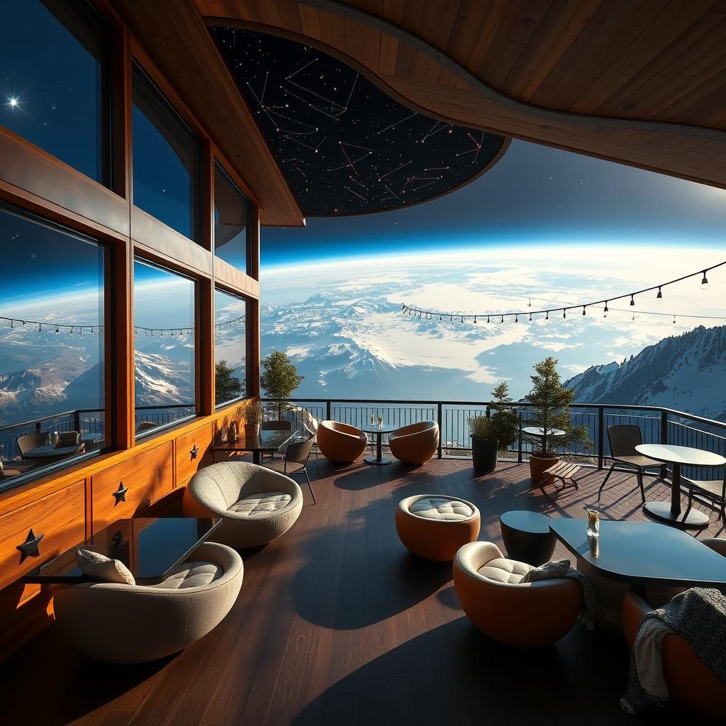 A mountain café inspired by a photo of Earth from space, named 'Star and Moon'