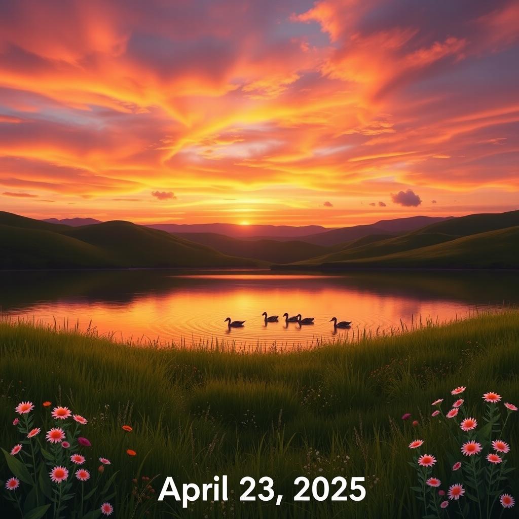 Artistic representation of a serene landscape on April 23, 2025, showcasing a vibrant sunset over rolling hills