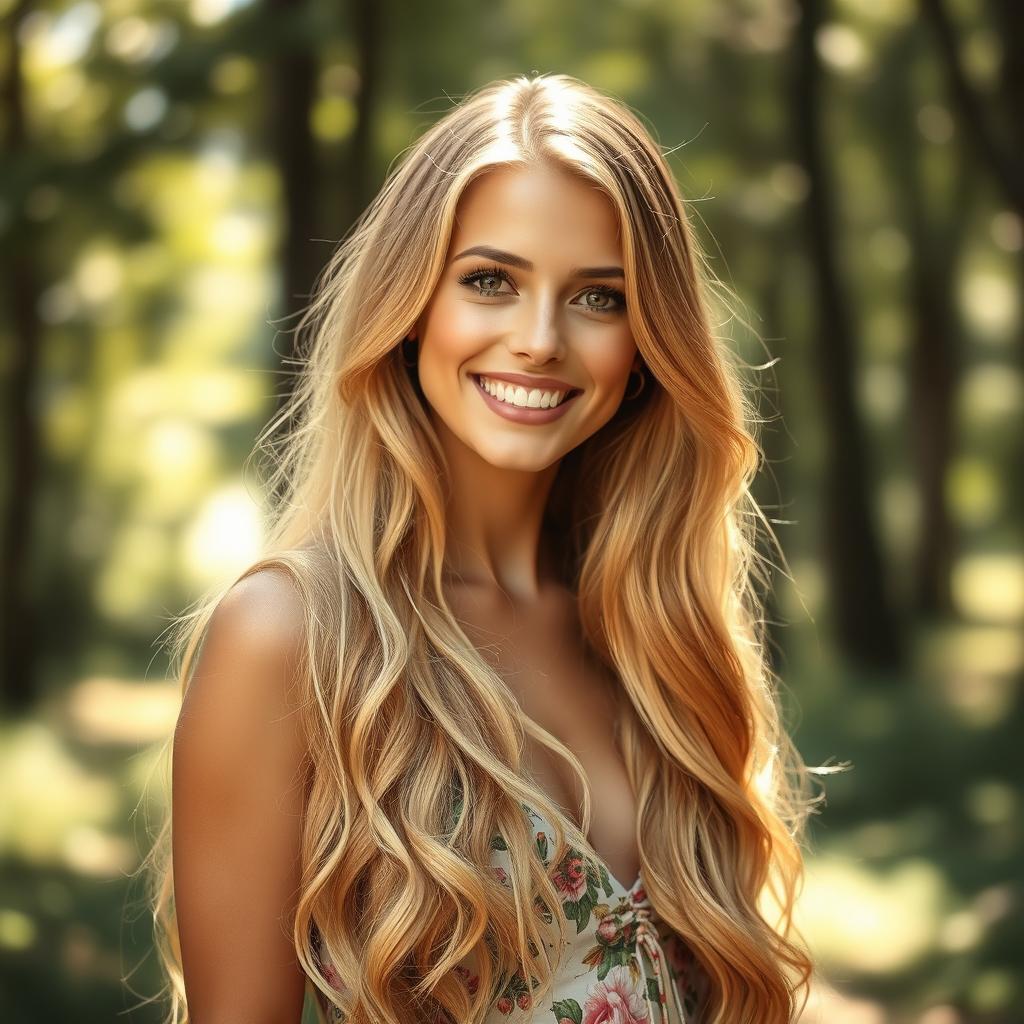 A stunning woman with long, flowing gold blonde hair that shines in the sunlight, cascading down her shoulders