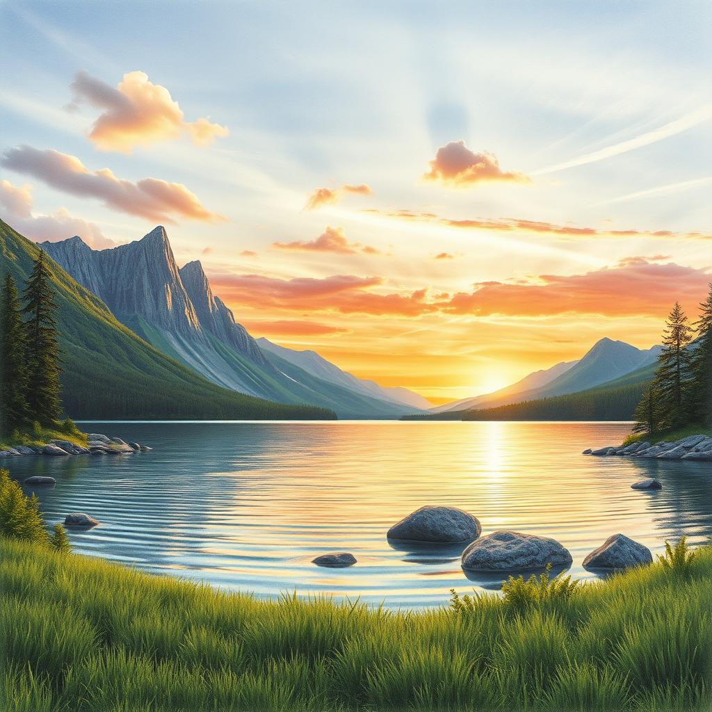 A beautifully detailed drawing inspired by a photo of a serene landscape featuring a tranquil lake with a lush green foreground, towering mountains in the background, and a vibrant sunset casting warm tones across the sky