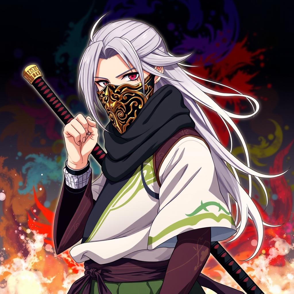 An anime character with striking features, wearing a detailed and ornate mask that covers his face, giving him an air of mystery