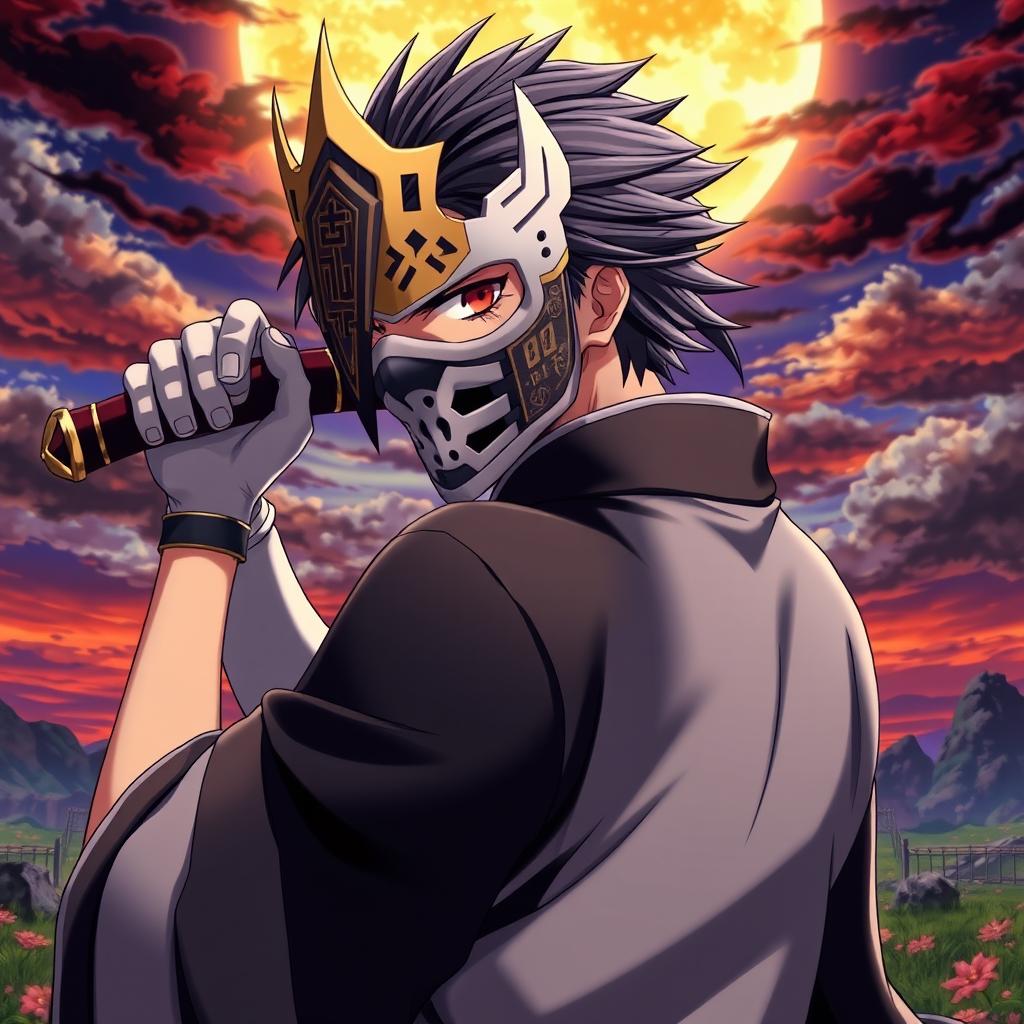 An anime character wearing an intricate mask, gripping a sword with his left hand while it rests against his back
