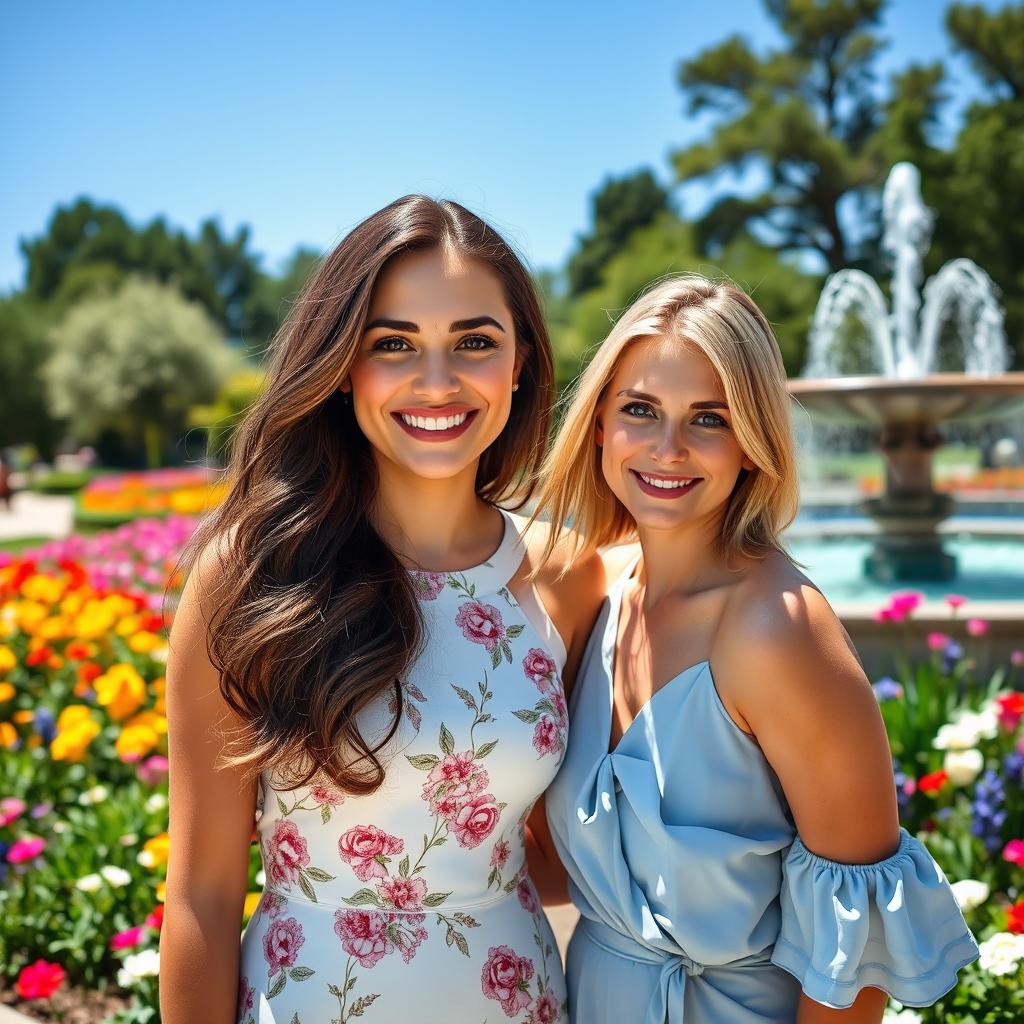A stunning portrait of two beautiful women, smiling and enjoying a sunny day in a vibrant park filled with colorful flowers