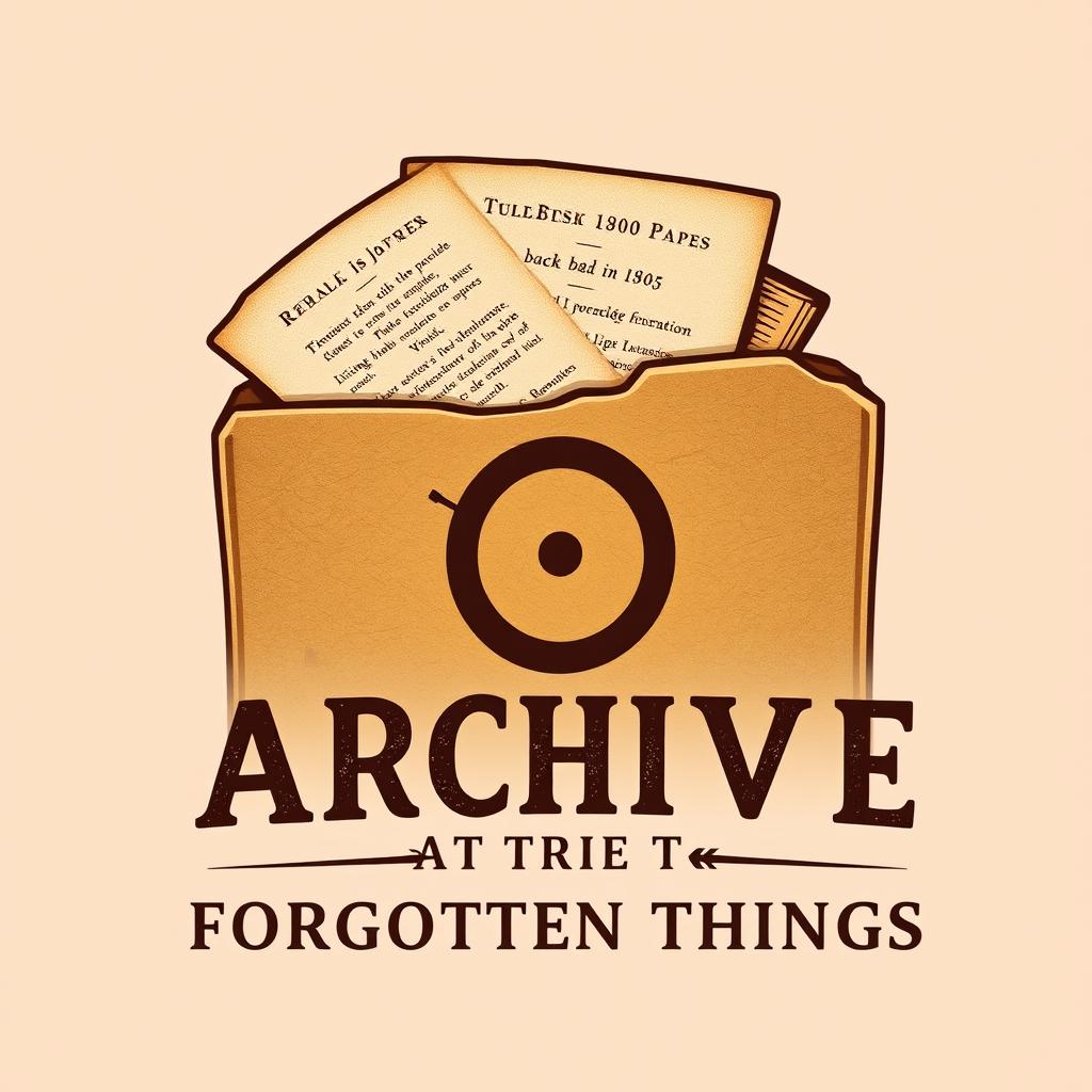 A vintage logo design for 'The Archive of Forgotten Things' featuring an old, worn folder filled with aged papers dating back to the 1800s, spilling out slightly from the top